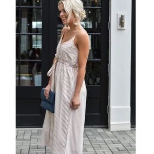 Line & Dot x Revolve striped tan white paper bag boutique empire waist dress